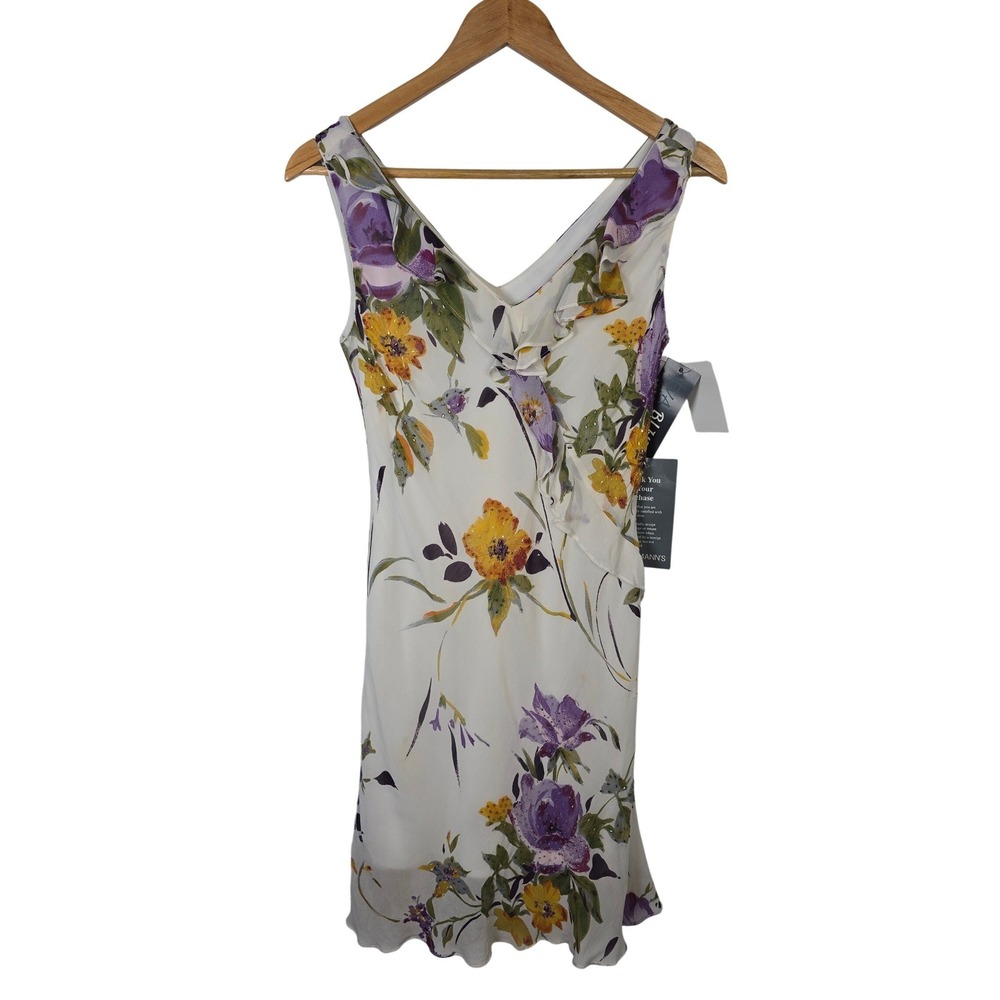 Eva Blue Petite Floral Beaded Ruffle V-Neck Dress Ivory Multi Size 6 Y2K